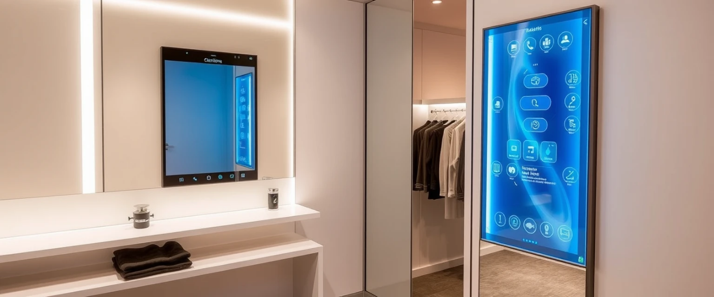 Futuristic interactive fitting room with touchscreen display and augmented reality mirror